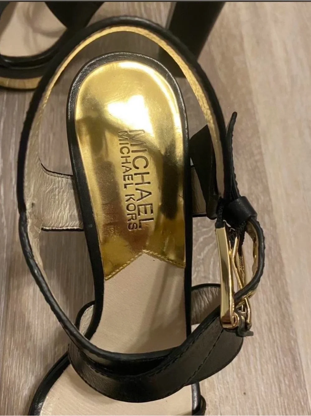 Michael Kors Black Leather Strappy Sandals with Gold Insole